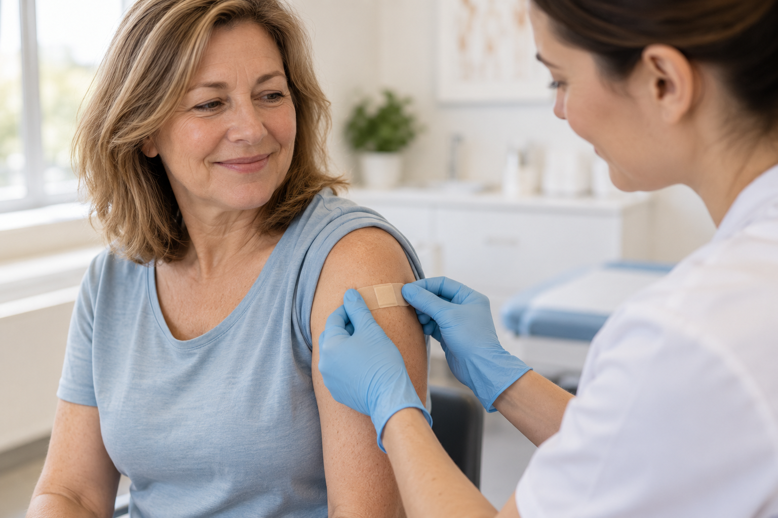 A patient having a plaster applied to her arm after a flu vaccination