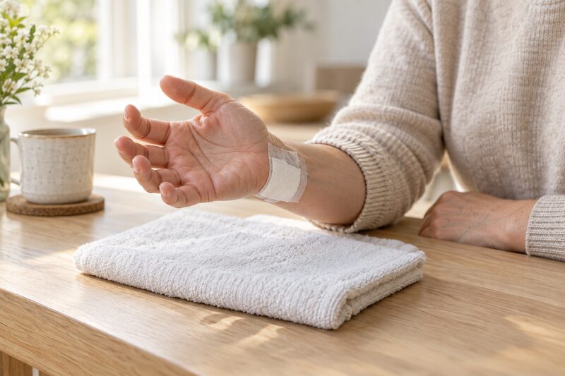 Hand and wrist with a dressing during postoperative recovery